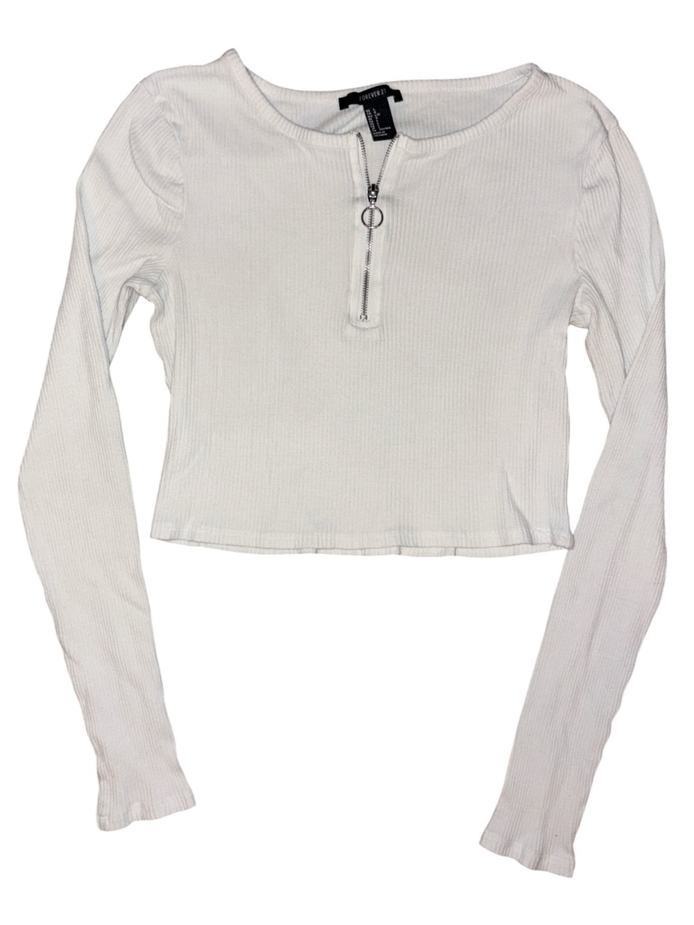 Forever 21 White Ribbed Long-Sleeve Cropped Top with Front Ring Zip